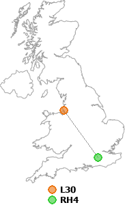 map showing distance between L30 and RH4