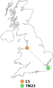 map showing distance between L5 and TN23