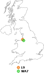map showing distance between L9 and WA7