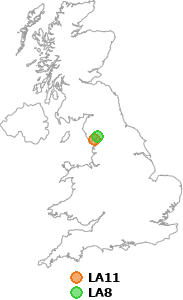 map showing distance between LA11 and LA8