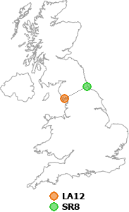 map showing distance between LA12 and SR8