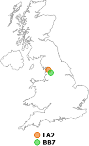 map showing distance between LA2 and BB7