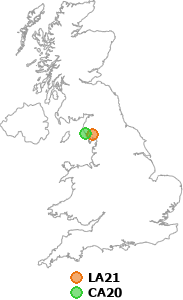 map showing distance between LA21 and CA20