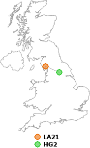 map showing distance between LA21 and HG2