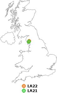 map showing distance between LA22 and LA21