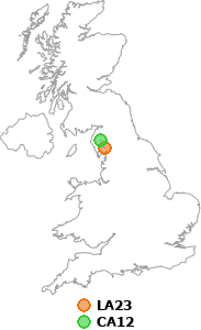 map showing distance between LA23 and CA12