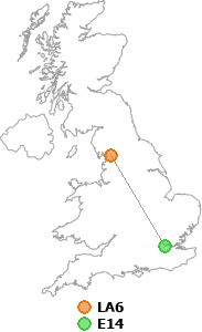 map showing distance between LA6 and E14