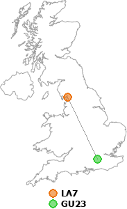 map showing distance between LA7 and GU23