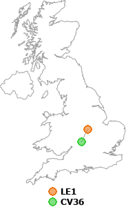map showing distance between LE1 and CV36