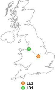 map showing distance between LE1 and L34