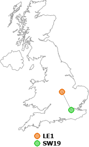 map showing distance between LE1 and SW19