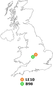 map showing distance between LE10 and B98
