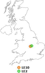 map showing distance between LE10 and LE2