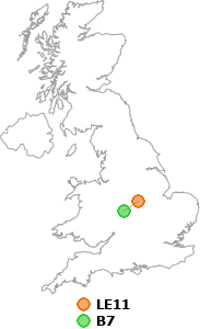 map showing distance between LE11 and B7