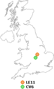 map showing distance between LE11 and CV6
