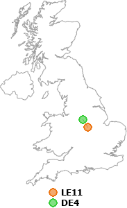 map showing distance between LE11 and DE4