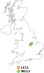 map showing distance between LE11 and NG13