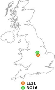map showing distance between LE11 and NG16
