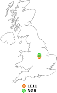 map showing distance between LE11 and NG8
