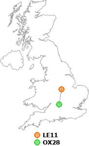 map showing distance between LE11 and OX28