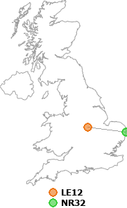 map showing distance between LE12 and NR32