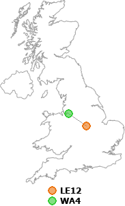 map showing distance between LE12 and WA4