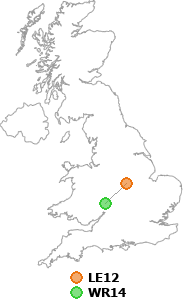 map showing distance between LE12 and WR14