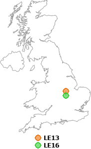 map showing distance between LE13 and LE16