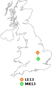 map showing distance between LE13 and MK13