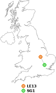 map showing distance between LE13 and SG1