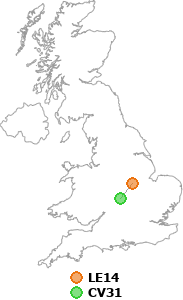 map showing distance between LE14 and CV31