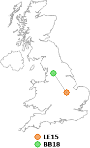 map showing distance between LE15 and BB18