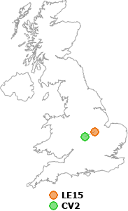 map showing distance between LE15 and CV2