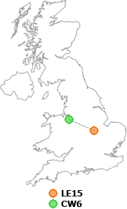map showing distance between LE15 and CW6