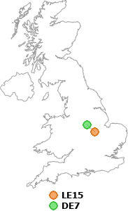 map showing distance between LE15 and DE7