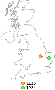 map showing distance between LE15 and IP24