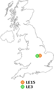 map showing distance between LE15 and LE3
