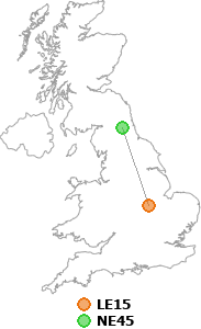 map showing distance between LE15 and NE45