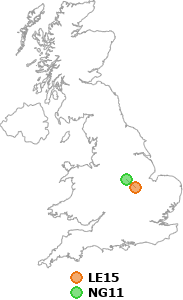 map showing distance between LE15 and NG11