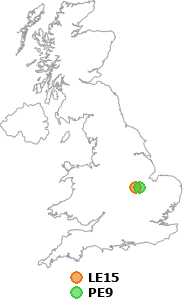 map showing distance between LE15 and PE9