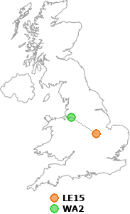 map showing distance between LE15 and WA2
