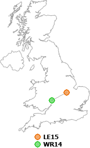 map showing distance between LE15 and WR14