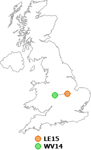 map showing distance between LE15 and WV14