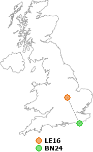 map showing distance between LE16 and BN24