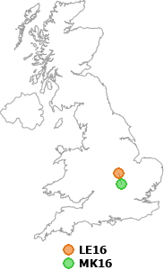 map showing distance between LE16 and MK16