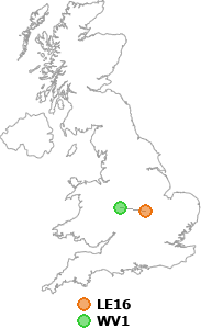 map showing distance between LE16 and WV1