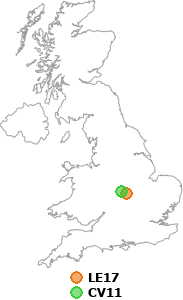 map showing distance between LE17 and CV11