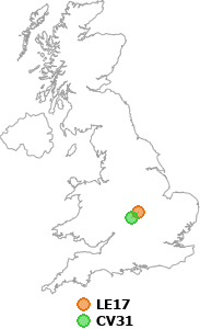 map showing distance between LE17 and CV31