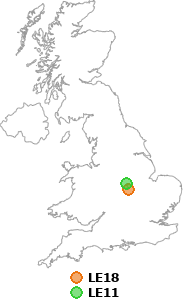 map showing distance between LE18 and LE11