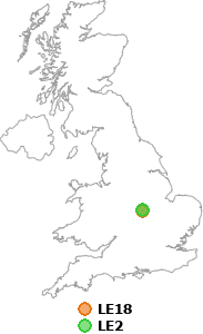 map showing distance between LE18 and LE2